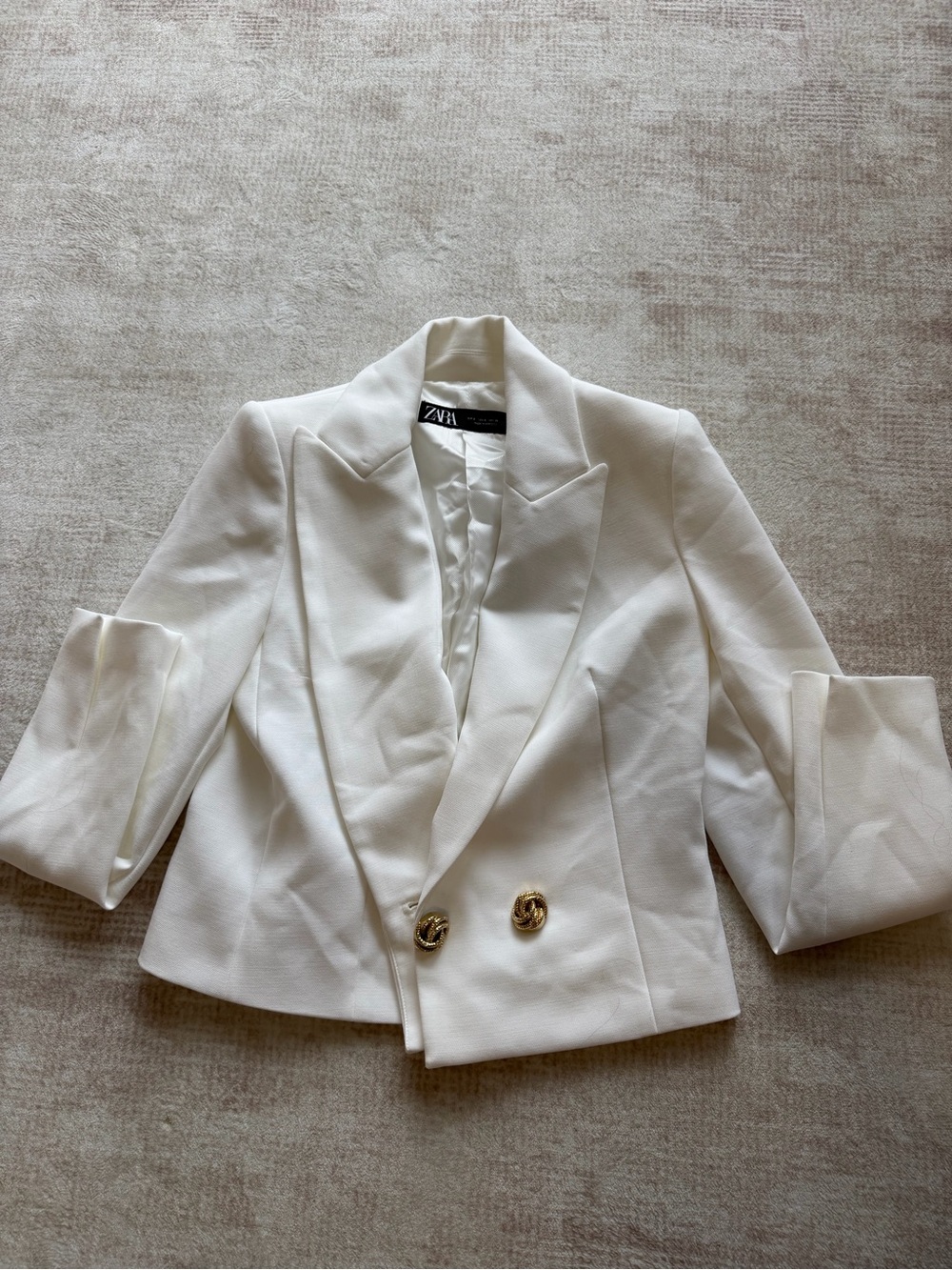 Zara Cream Double-Breasted Cropped Blazer with Gold Buttons